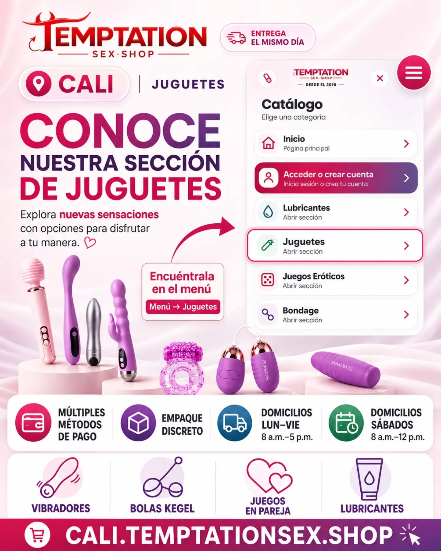 ✨ ¿Ya conoces nuestra sección de Juguetes en Cali? 💜

Encuentra diferentes opciones para disfrutar a tu manera, directamente desde nuestro catálogo online.

📱 ¿Dónde encontrarla?
Entra a CALI.TEMPTATIONSEX.SHOP
☰ Abre el menú
👉 Selecciona Juguetes

💳 Múltiples métodos de pago
📦 Empaque discreto
🛵 Lun–Vie: 8 a.m.–5 p.m.
🕗 Sábados: 8 a.m.–12 p.m.

🛒 CALI.TEMPTATIONSEX.SHOP

#TemptationSexShop #SexShopCali #CaliColombia #BienestarIntimo